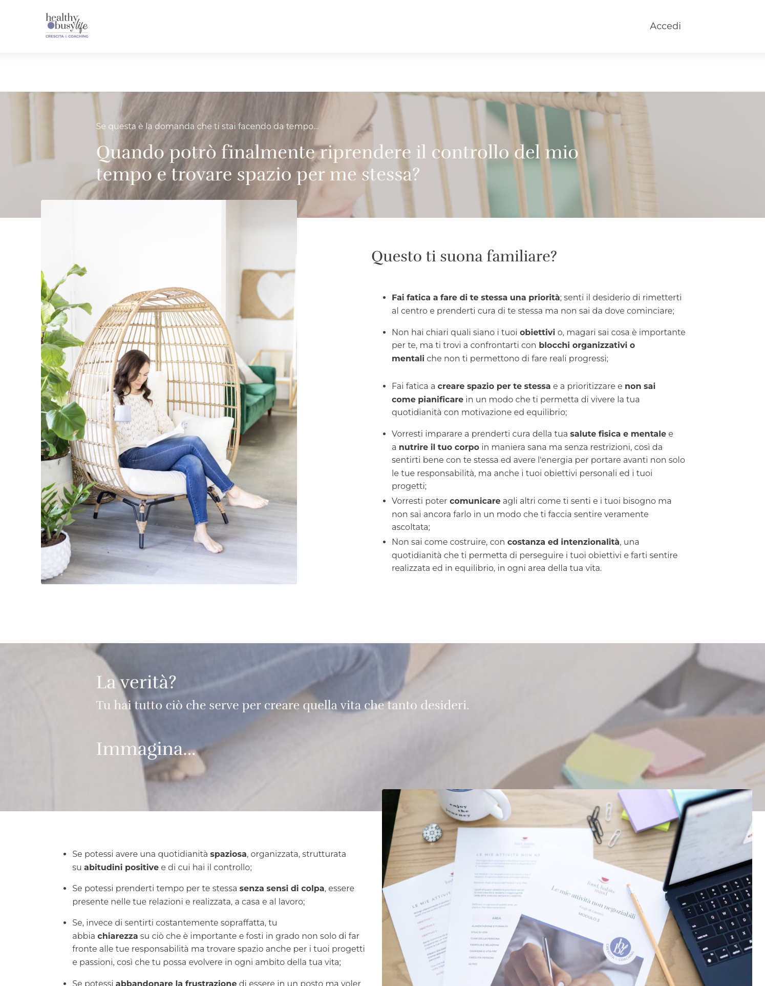 New Food, Habits & Mind content page — 'Questo ti suona familiare?' with bullet points and imagery.