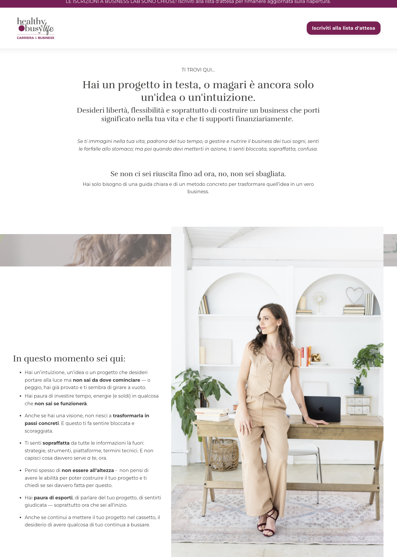 Business Lab landing — 'Da zero ad un business su misura per te' hero.