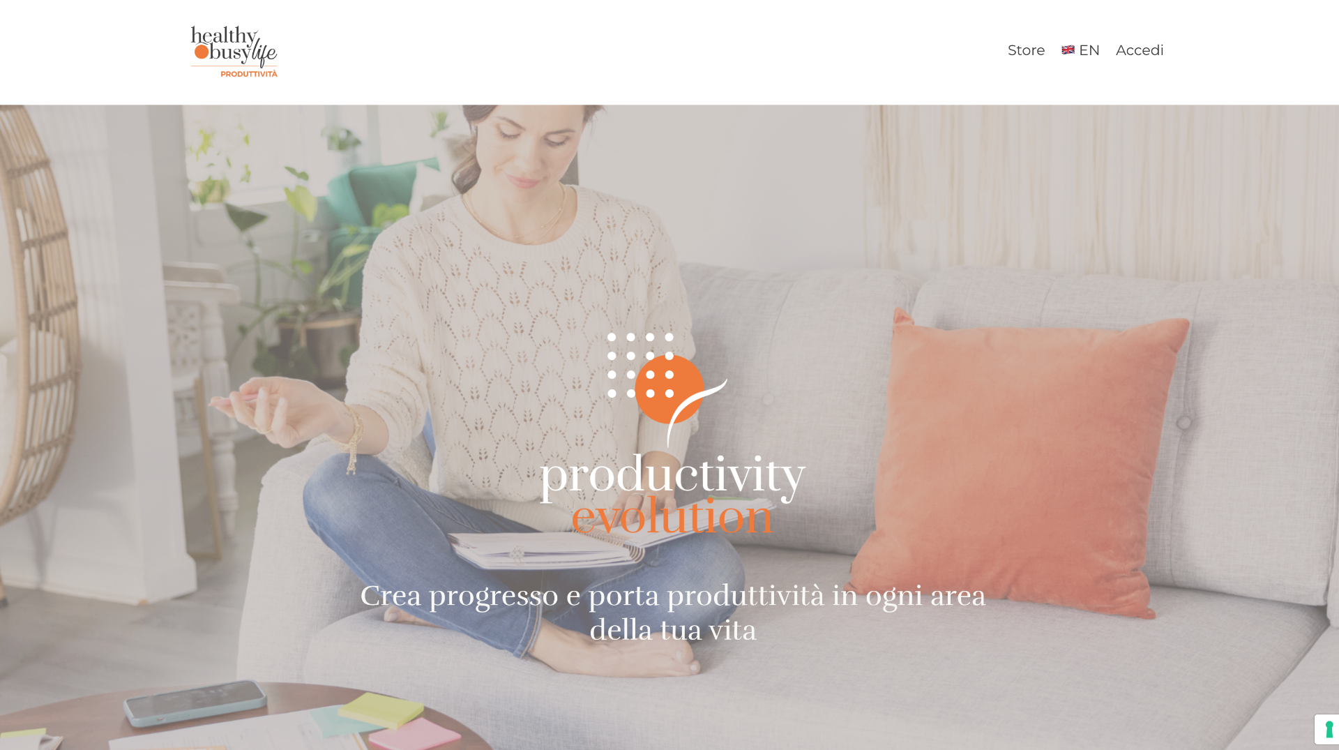 Productivity Evolution landing page — hero with product logo composed inside the photo.