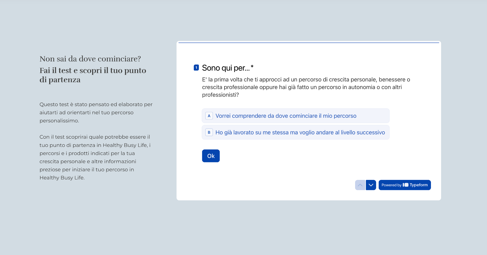 Quiz entry screen — 'Non sai da dove cominciare? Fai il test e scopri il tuo punto di partenza.'