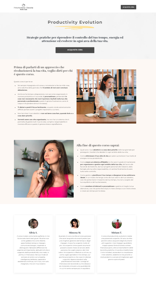 Old Productivity Evolution landing page — small logo, long paragraphs, generic Acquista Ora button.