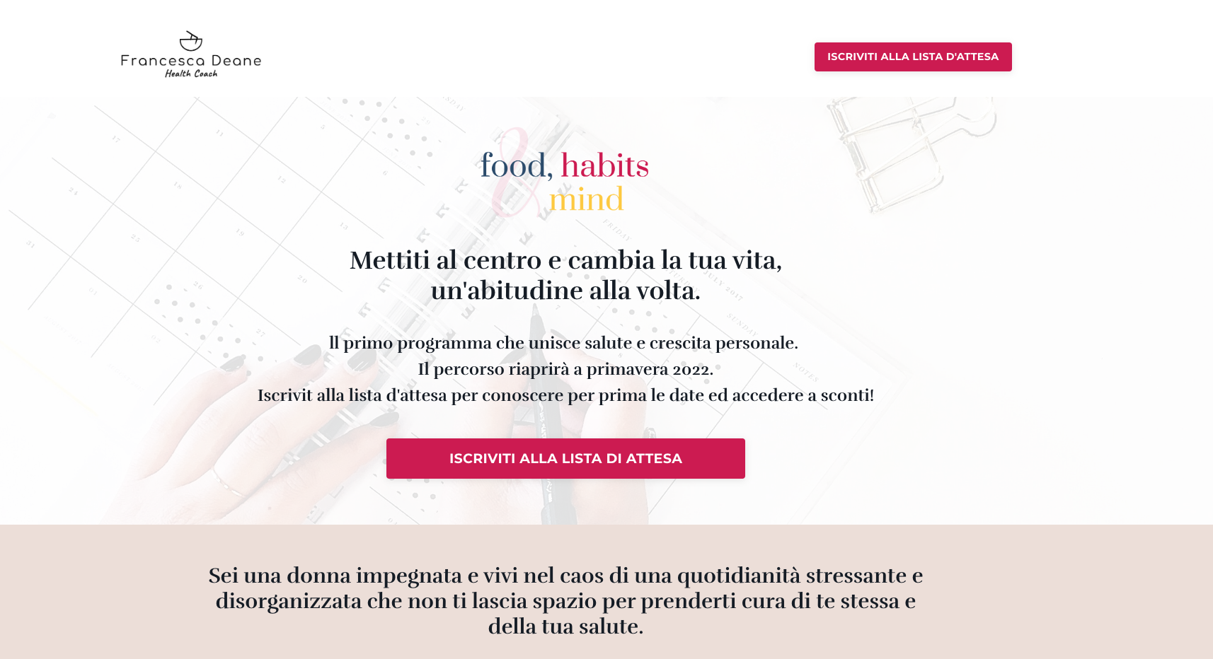 First version of the Food, Habits & Mind landing page — a centered waitlist message on top of a stock photo.