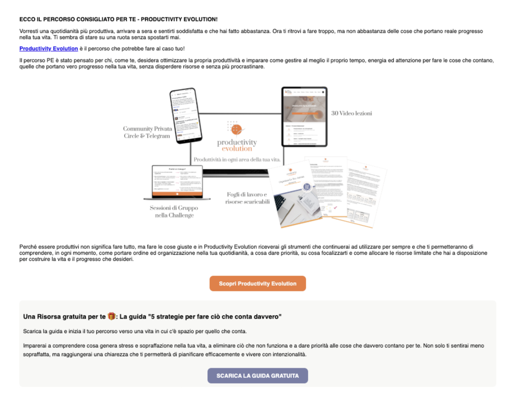 Personalised email result — 'Ecco il percorso consigliato per te - Productivity Evolution!'