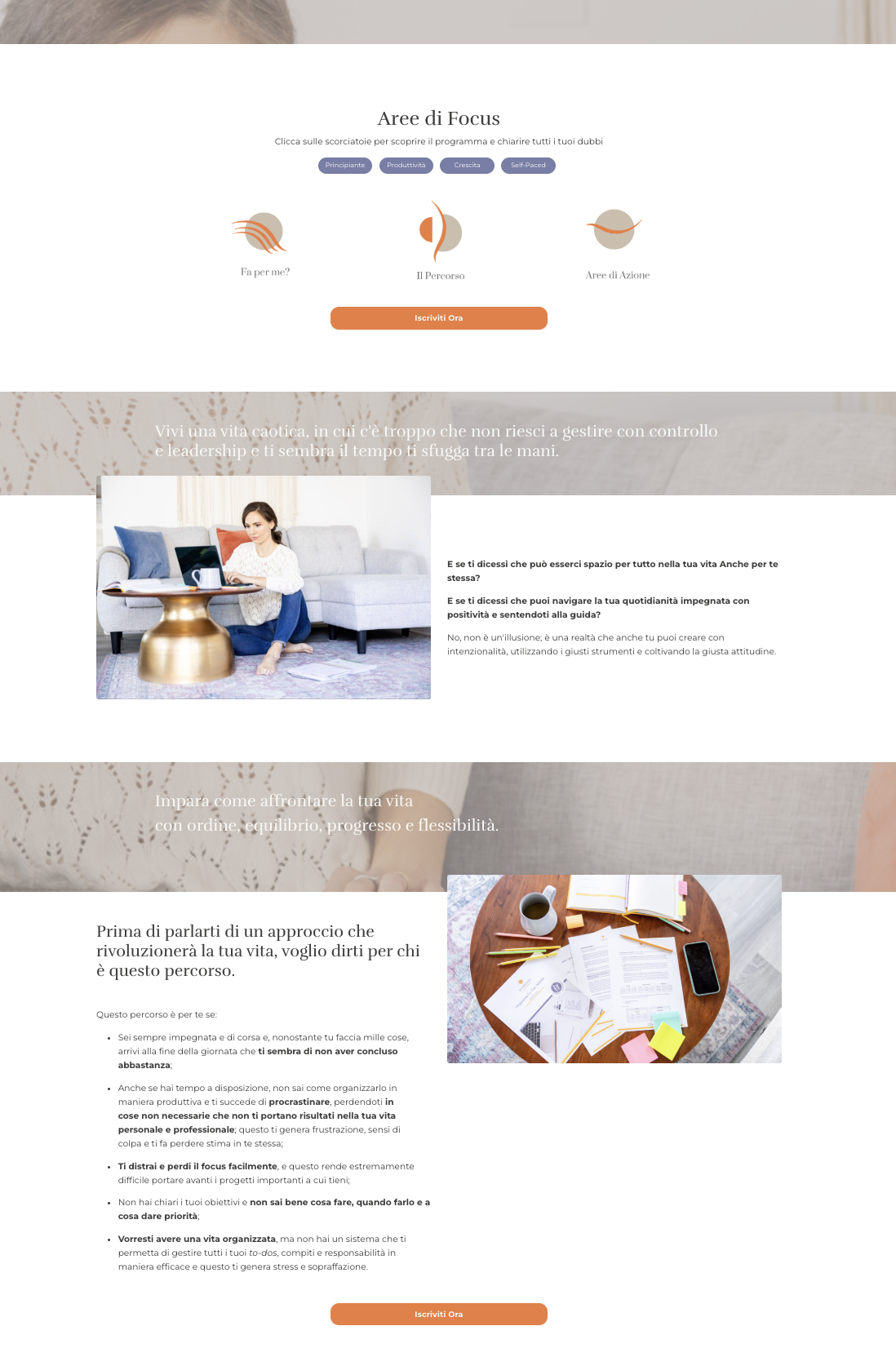Productivity Evolution content page — 'Aree di Focus' with three iconographic entry points.