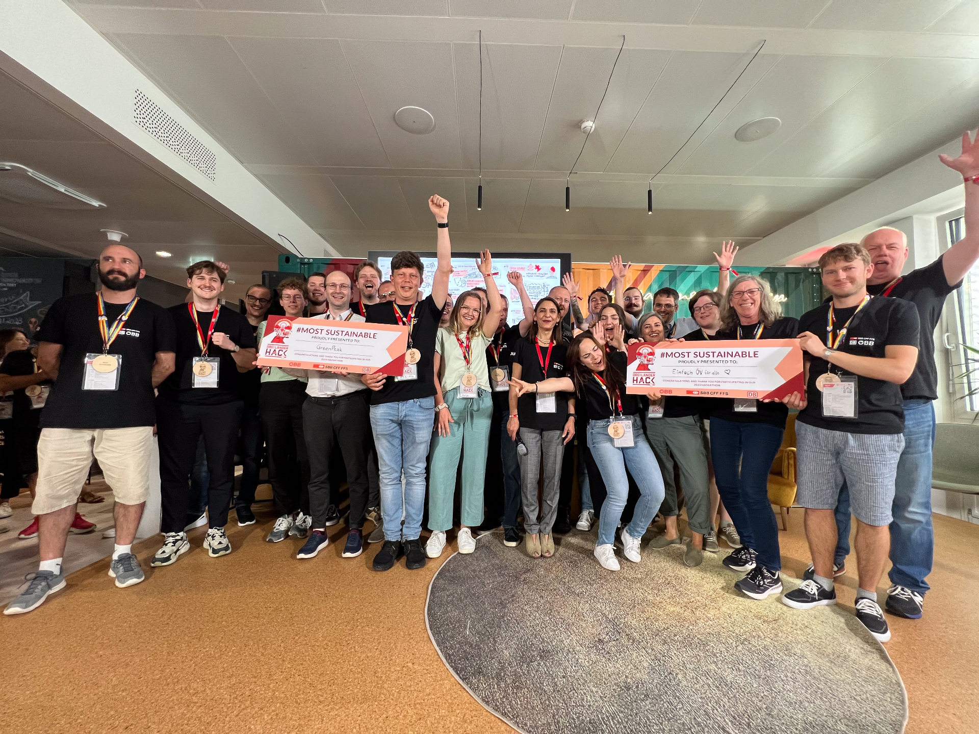 Group photo of Dreiländerhack 2023 participants holding the #MOST SUSTAINABLE award.