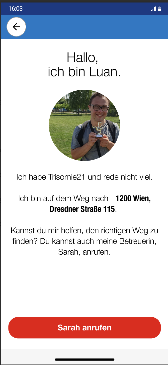 App screen introducing Luan, a user with Trisomy 21, asking for help finding the way.
