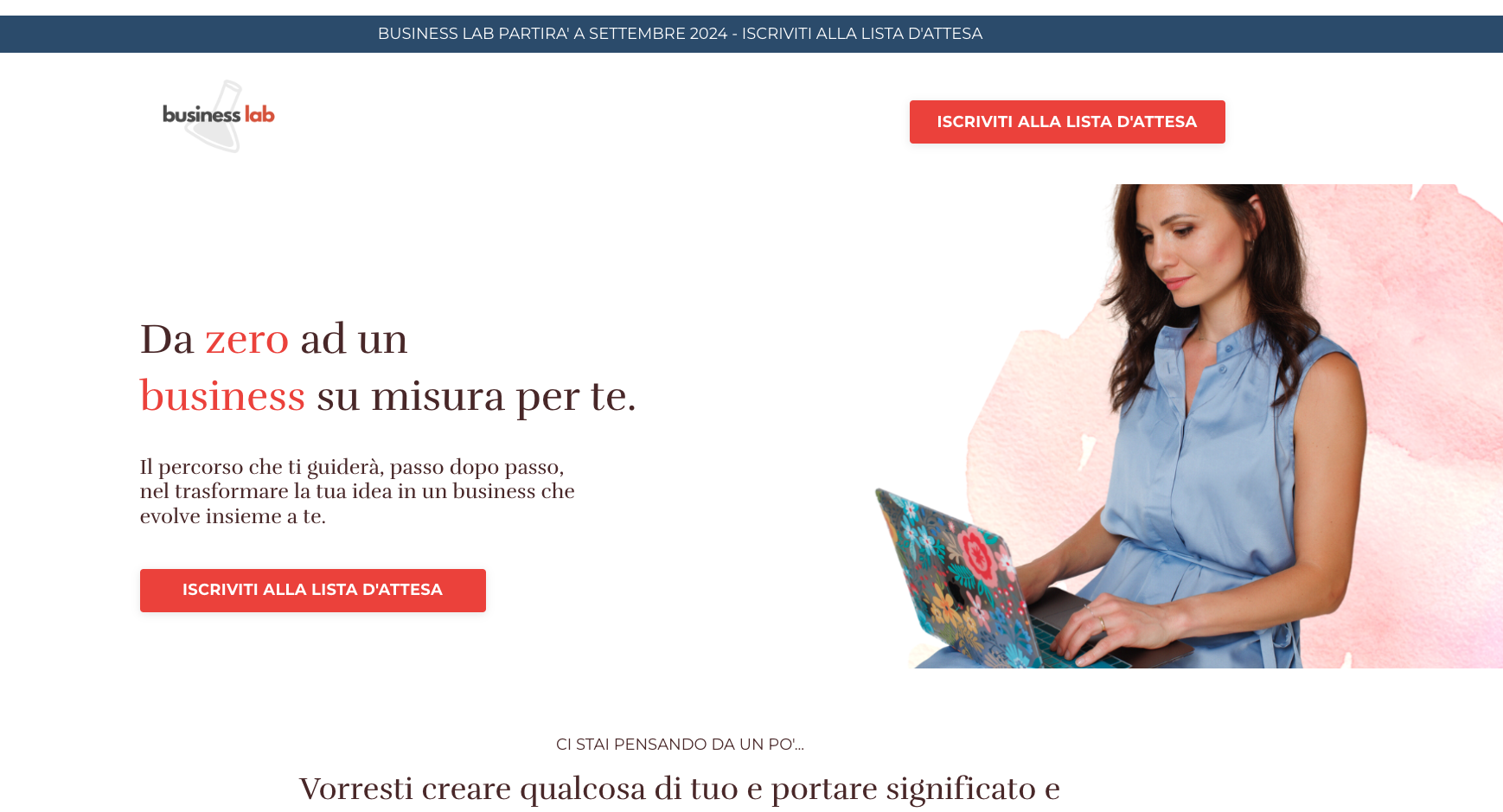 Old Business Lab landing page — split hero with headline on the left and photo on the right.