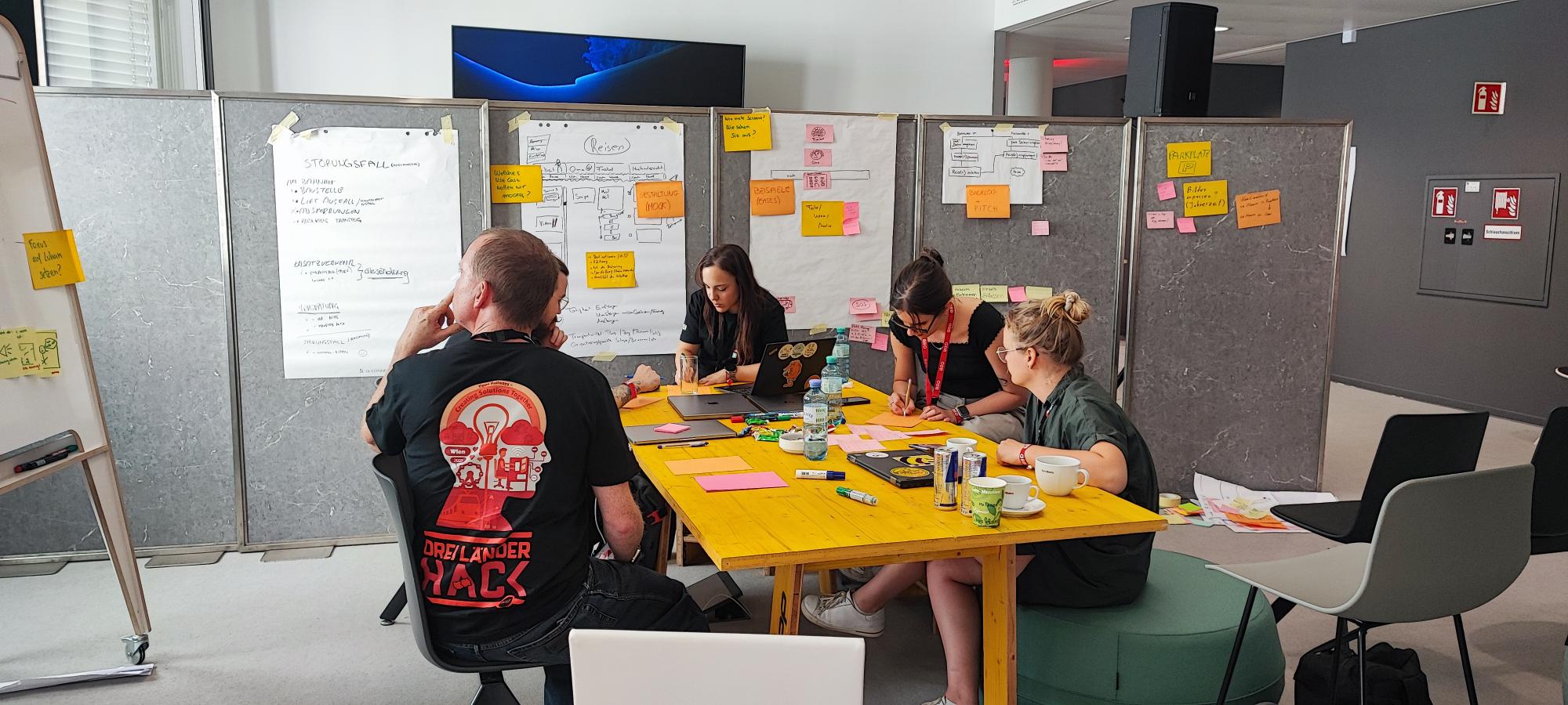 Mixed team from SBB, ÖBB and DB working around a table with sticky notes and flip charts.