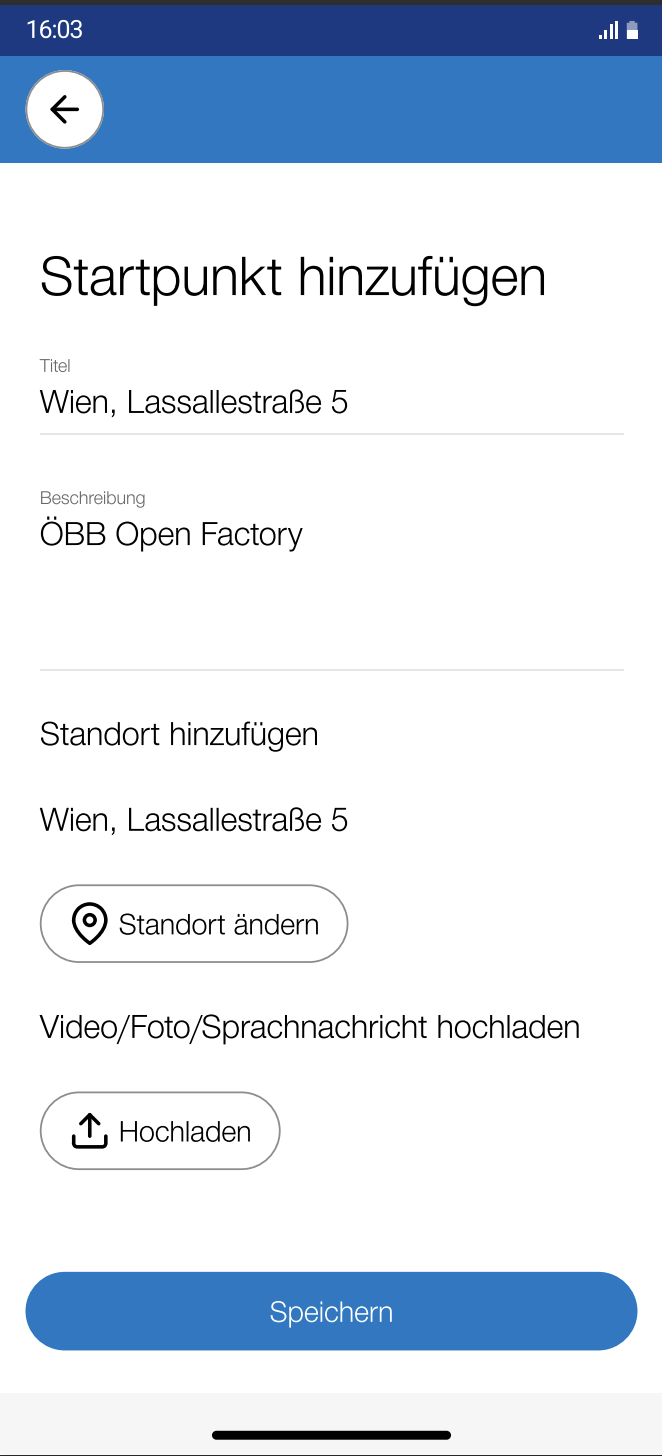 App screen to add a starting point with title, description and location.