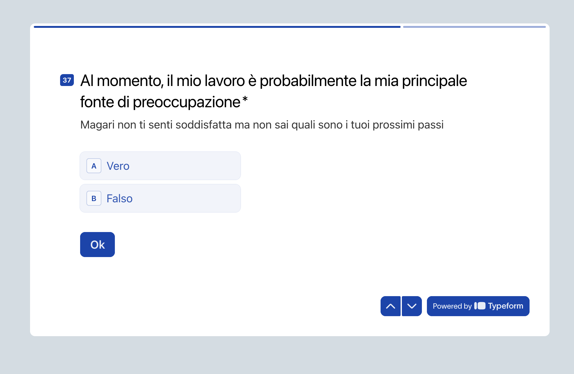 Quiz question 37 — 'Al momento, il mio lavoro è probabilmente la mia principale fonte di preoccupazione.'
