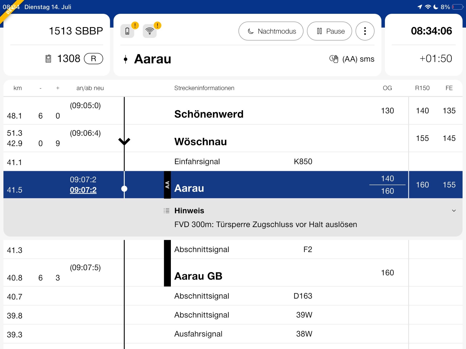 DAS iPad interface showing the Aarau route with a highlighted current exercise row.