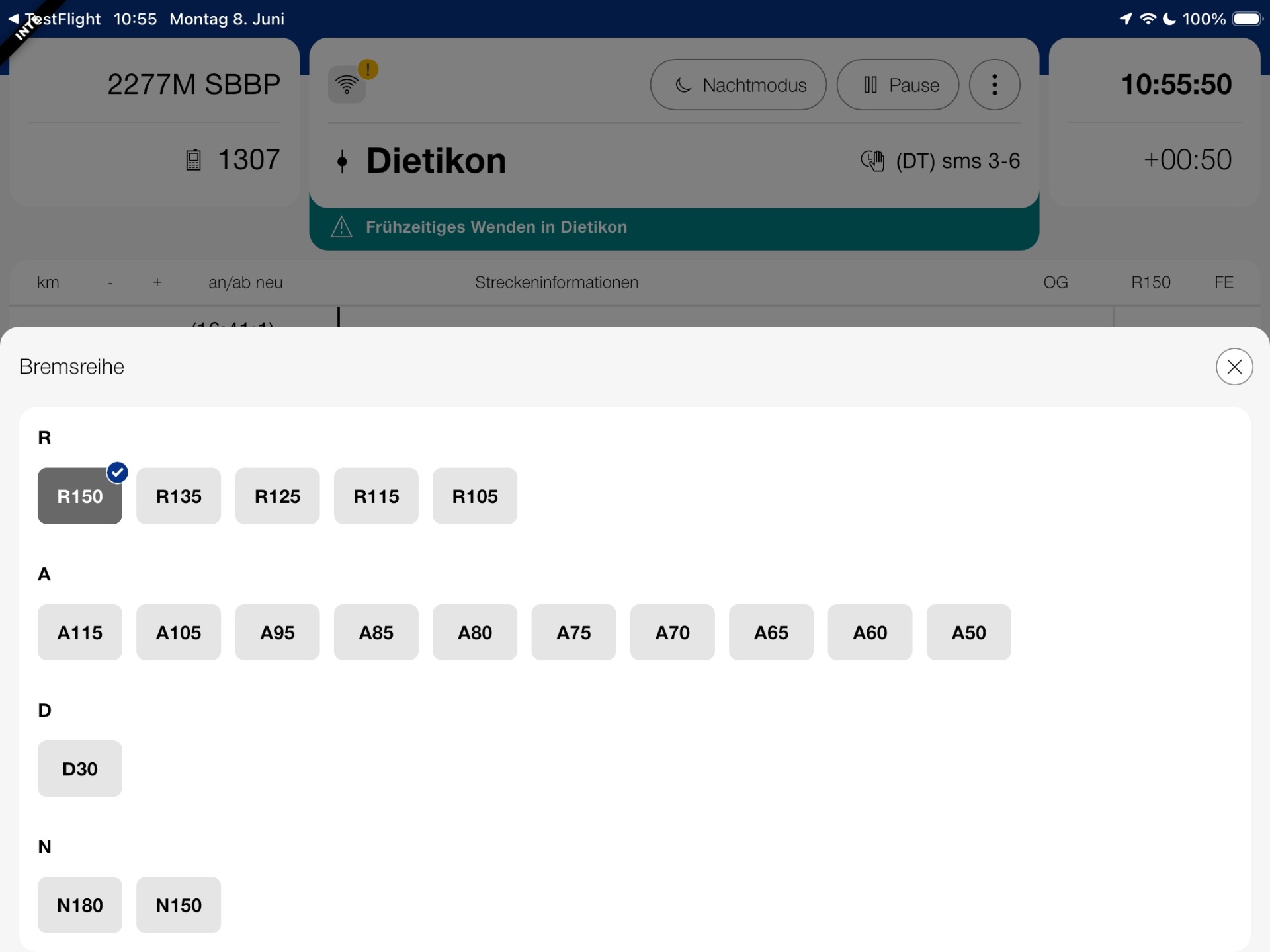 DAS interface at Dietikon with a turquoise status band flagging an early turn-around.